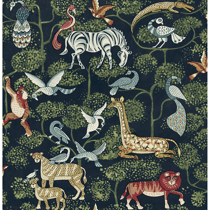 4135-27285 Rigby Navy Jungle Animals Wallpaper – wallcoveringsmart