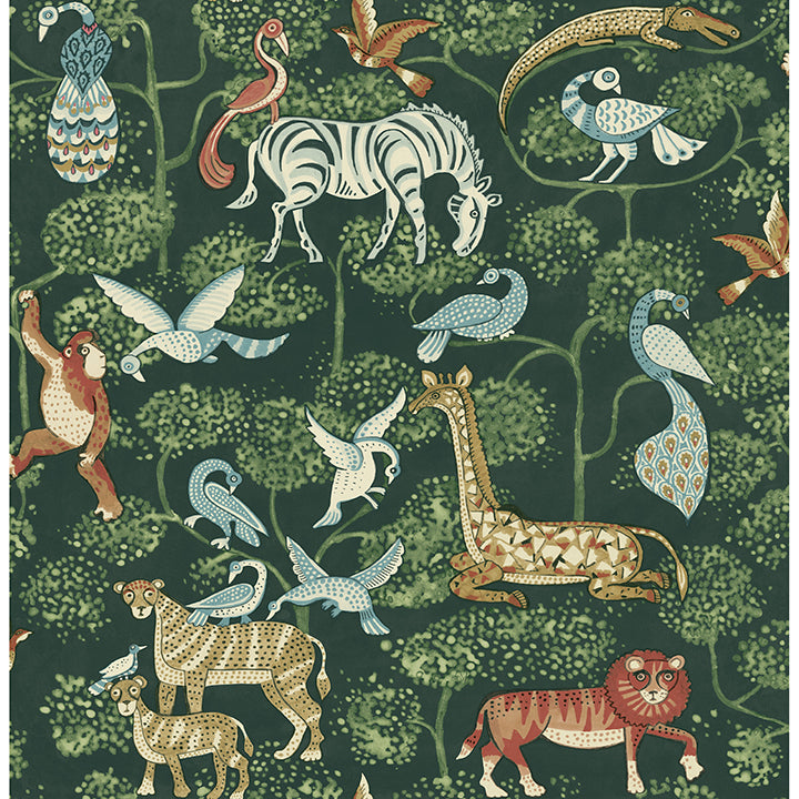 4135-27286 Rigby Green Jungle Animals Wallpaper – wallcoveringsmart