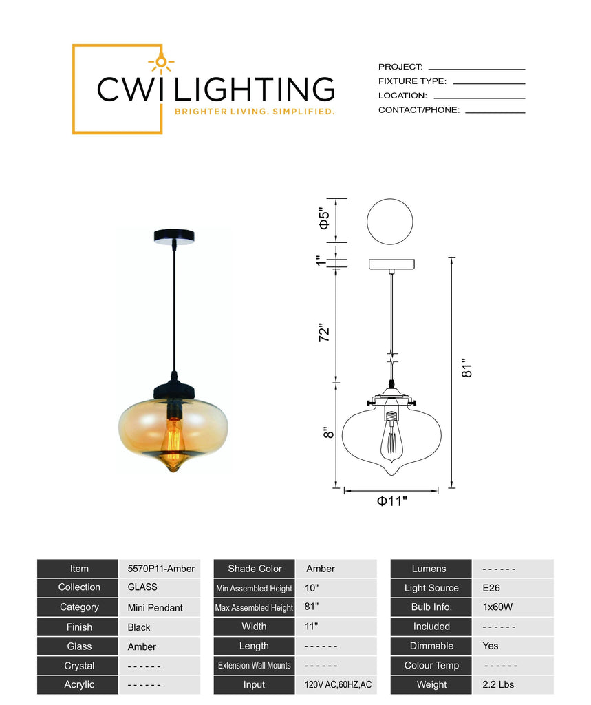 5570P11 - Amber Glass 1 Light Down Mini Pendant With Amber Finish