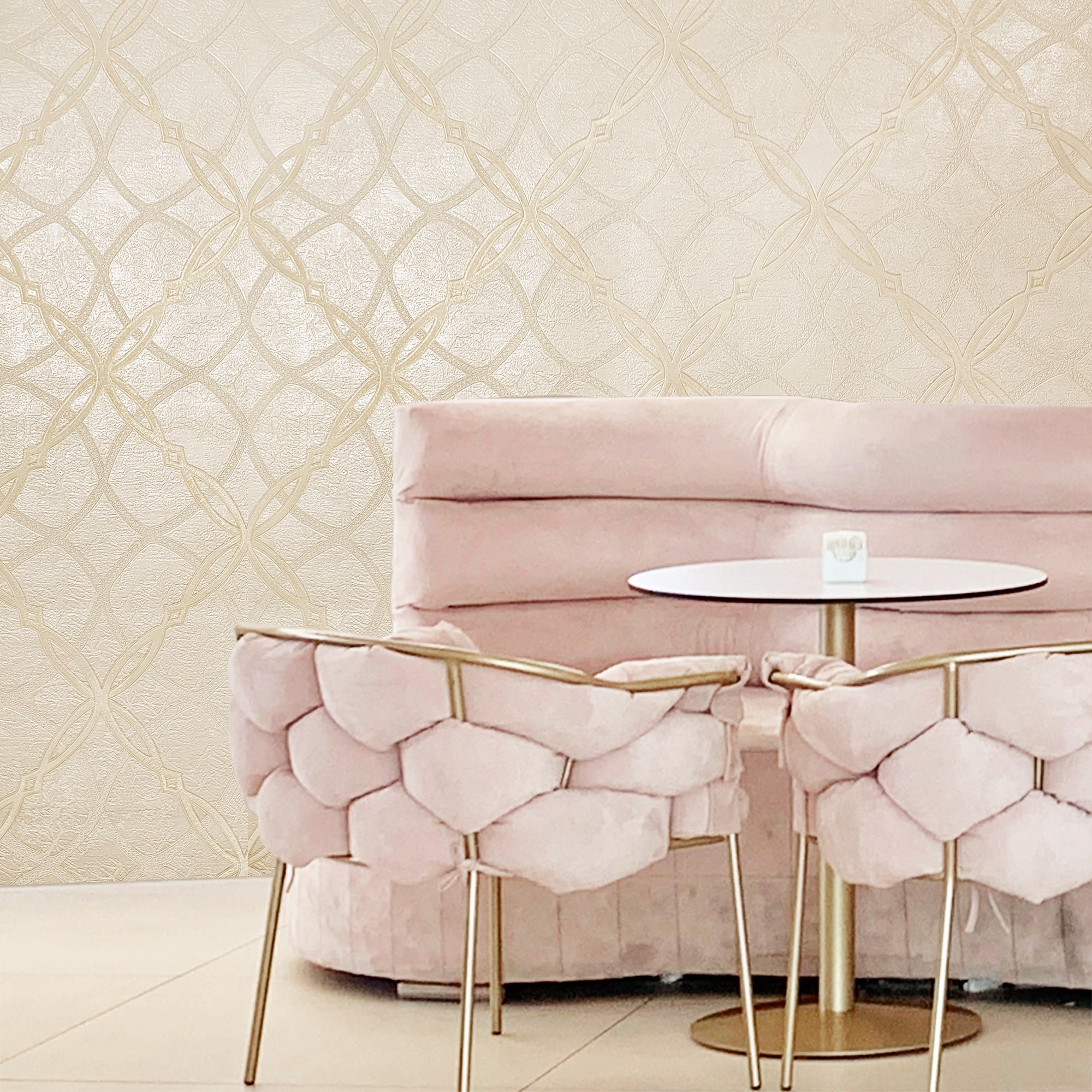 WM8423062 Wallpaper Beige Rose Gold Textured Geometric Trellis