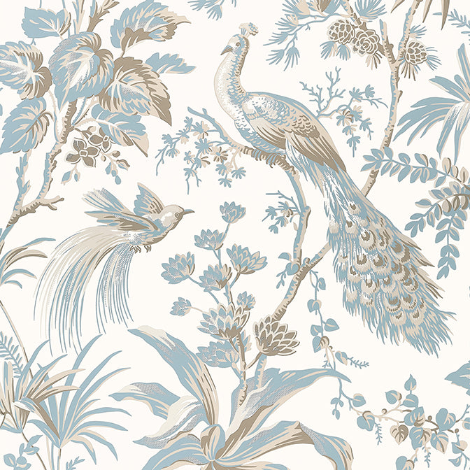 AT57828 Peacock Toile Soft Blue Beige Wallpaper – wallcoveringsmart