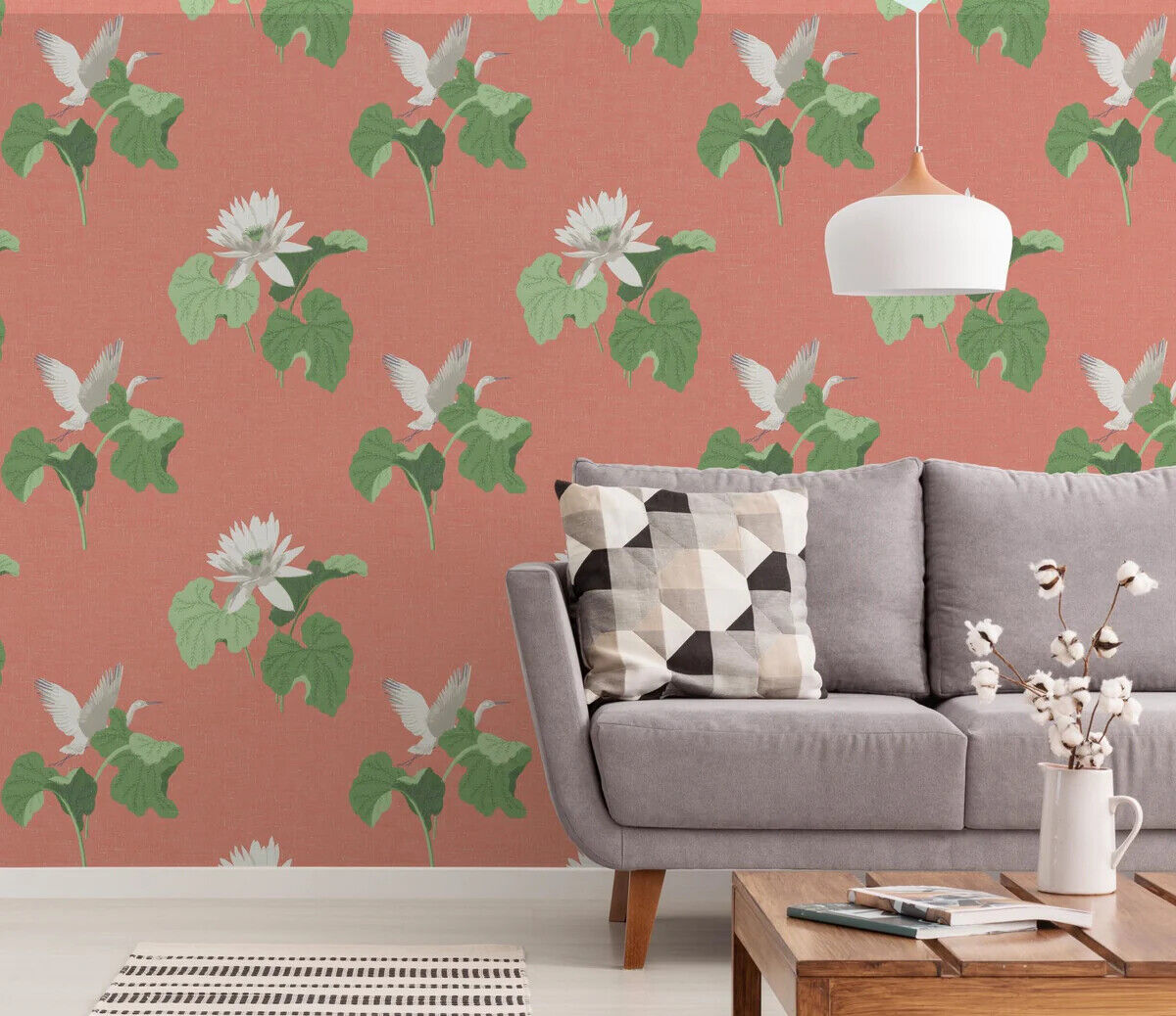 12346, FJ40011 Floral pink green white lotus flowers leaves 