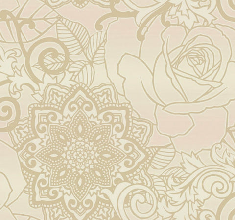 GA30001 Tile Rose Metallic Chiffon Almond Wallpaper