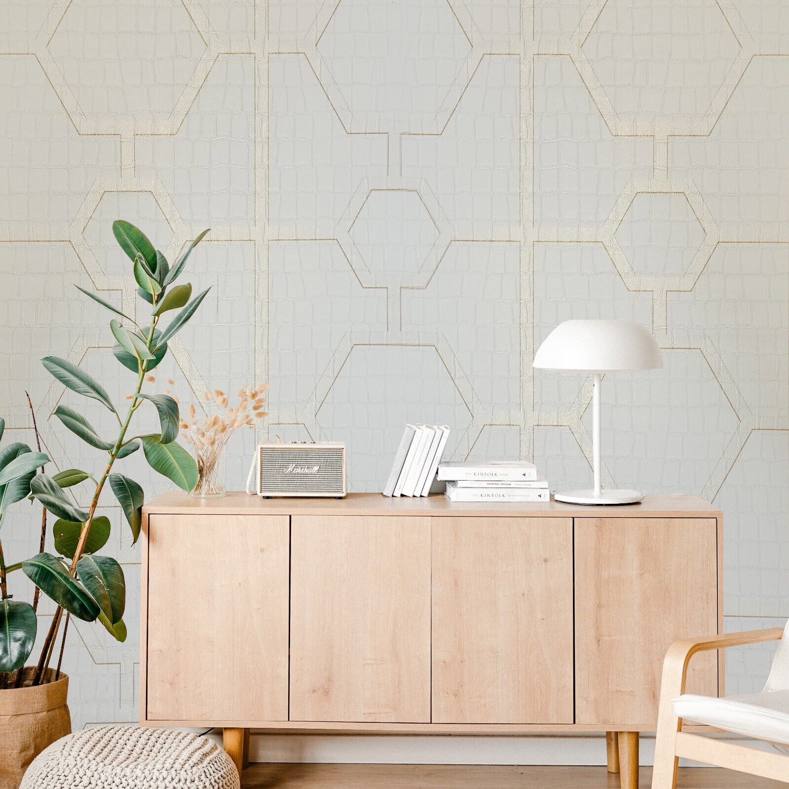 ELLY パネル Z80028 Geo Hexagon matt ivory gold metallic trellis lines