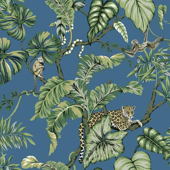HO2141 Jungle Cat Cobalt Wallpaper – wallcoveringsmart
