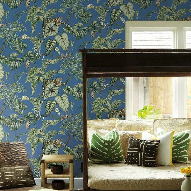 HO2141 Jungle Cat Cobalt Wallpaper – wallcoveringsmart