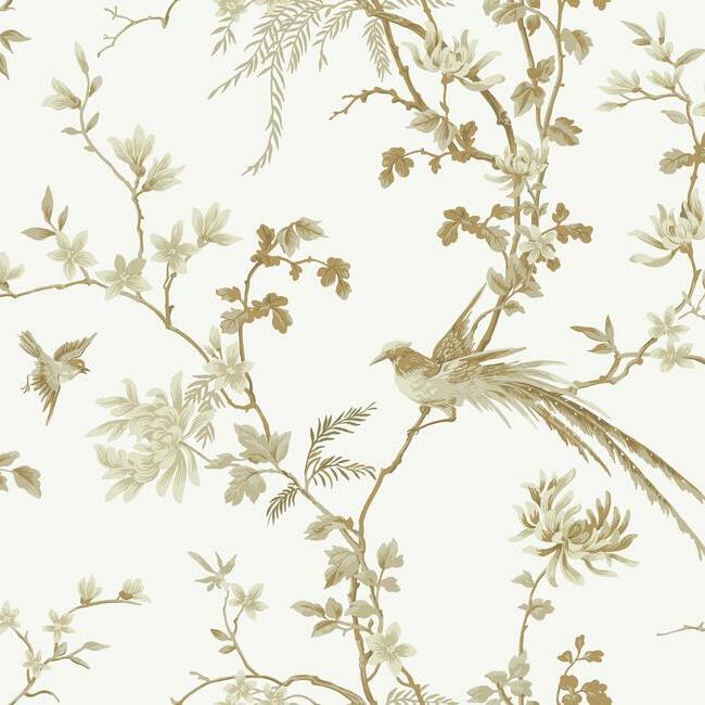 bird whiteページ KT2174 Bird Blossom Chinoserie White Gold Wallpaper