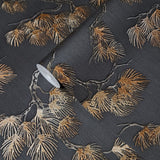 121015 Pine branches black bronze faux fabric oriental embroidery textured wallpaper 3D