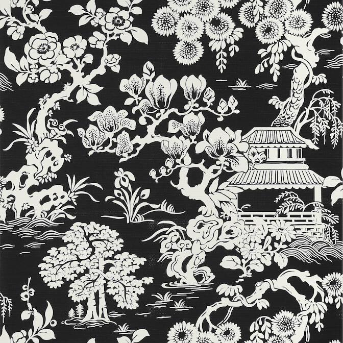 T13308 Pavilion JAPANESE GARDEN Black wallpaper – wallcoveringsmart