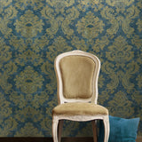 75902 Blue Gold Damask Metallic Wallpaper faux plaster textured