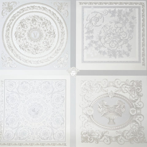 38704-2 Versace Gray Silver Off-White Baroque Multi Panel Wallpaper