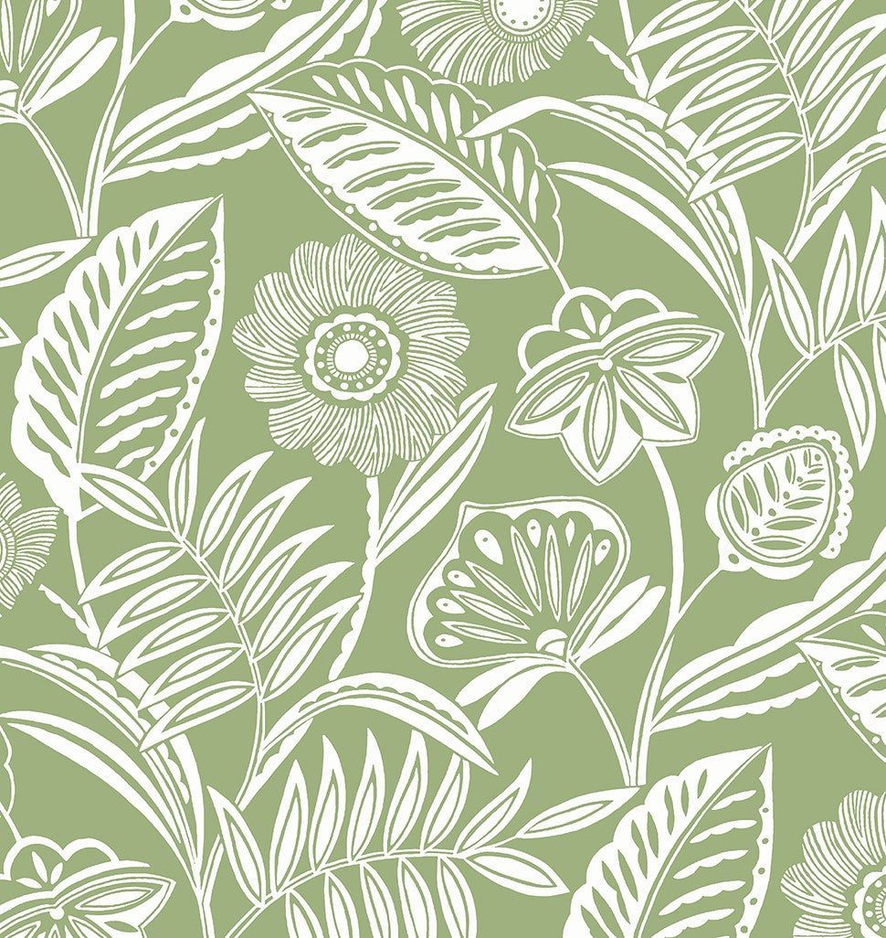 2969-87530 Alma Green Tropical Floral Wallpaper