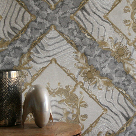 34904-2 Vasmara Gold Gray White Wallpaper - wallcoveringsmart