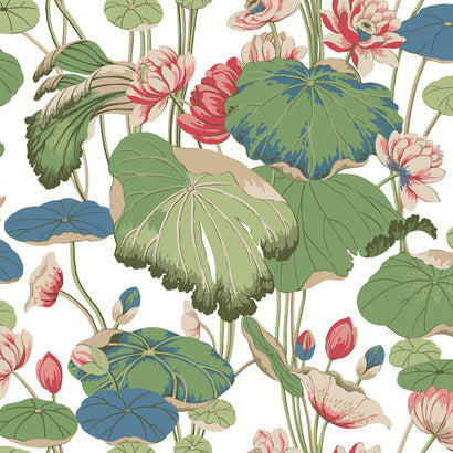GO8293 GREEN RED LOTUS POND FLORAL WALLPAPER