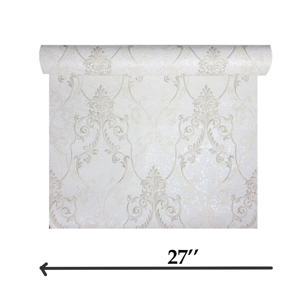 M5601 Wallpaper Ivory off white brass gold metallic Victorian damask ...