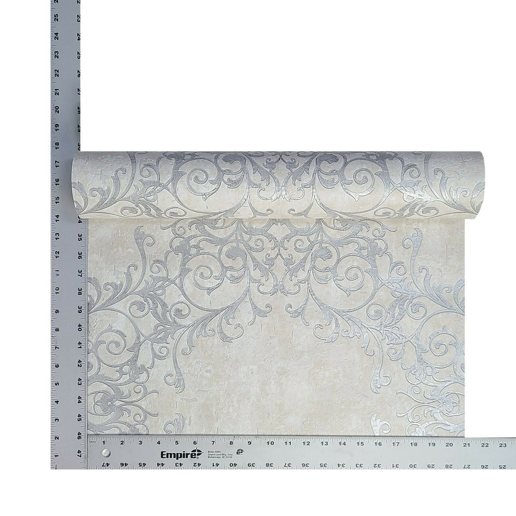 Z2943 Gray Tan Silver faux wrought iron Victorian damask Wallpaper