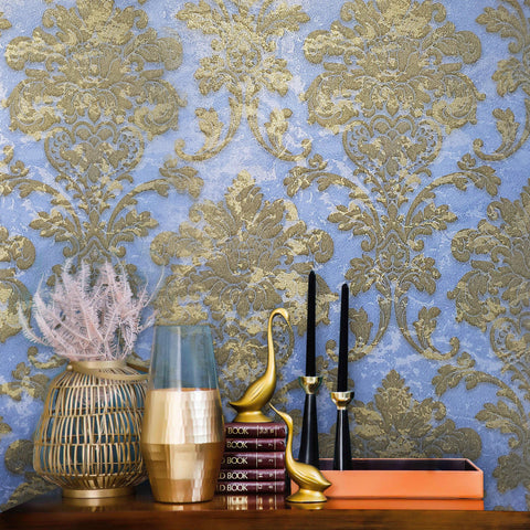500003 Wallpaper blue brass Metallic Textured Victorian rustic Damask - wallcoveringsmart