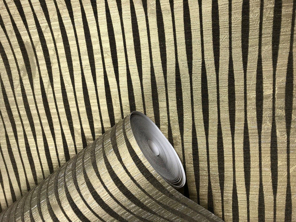 165022 Flock Gold Brown Stripes textured Wallpaper – wallcoveringsmart