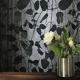 135056 Velvet Gray Flock Charcoal Black Leaf Flocked Wallpaper