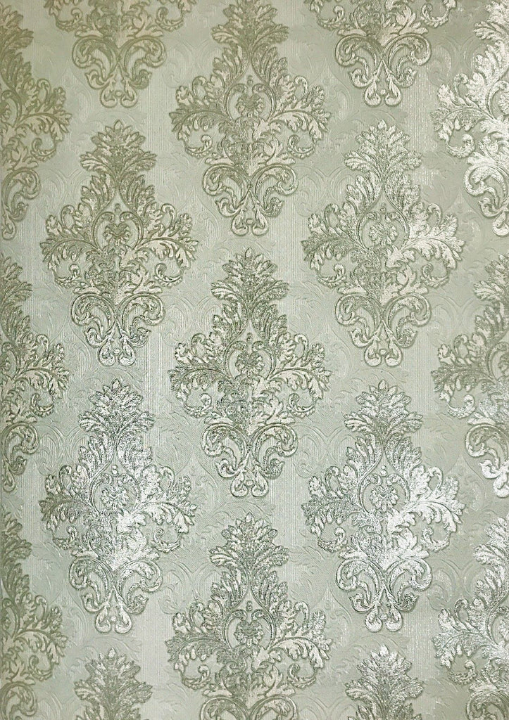 7070 04 Vintage Paper Wallpaper Damask Gray Green Metallic Cream Textu