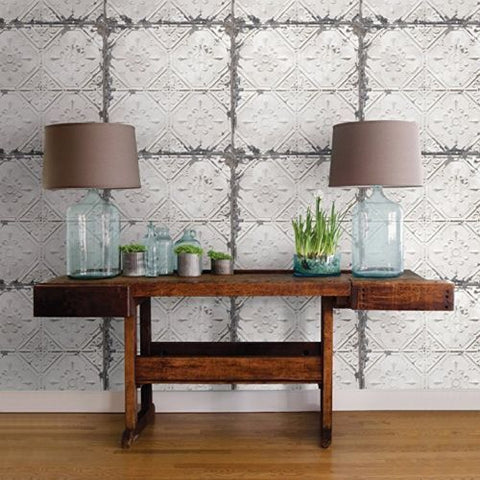 2767-22305 White Reclaimed Distressed Tin Ceiling Wallpaper