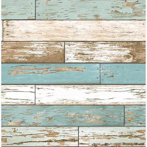 2701-22318 Scrap Wood Turquoise Weathered Textured Wallpaper