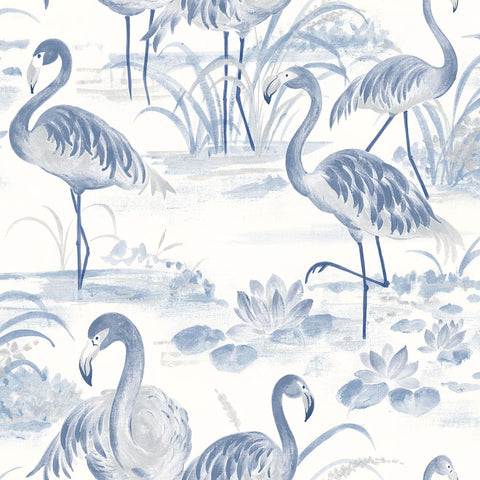 3120-13602 Everglades Blue Flamingos Wallpaper