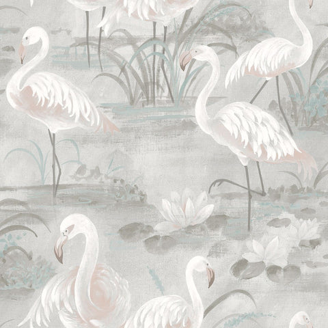 3120-13603 Everglades Grey Flamingos Wallpaper