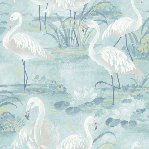 3120-13604 Everglades Aqua Flamingos Wallpaper