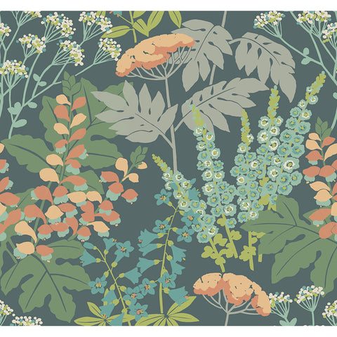 2973-90008 Brie Teal Forest Flowers  Wallpaper