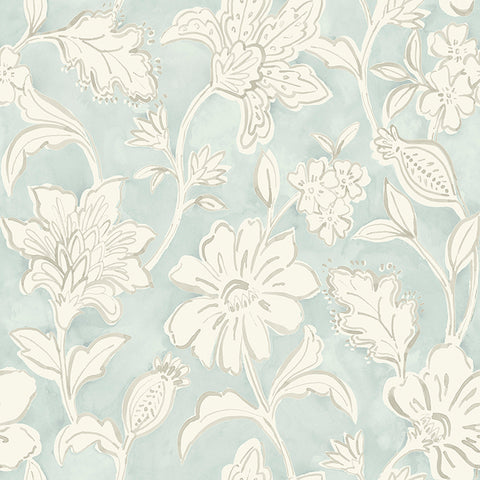 4071-71038 Plumeria Aqua Floral Trail Wallpaper