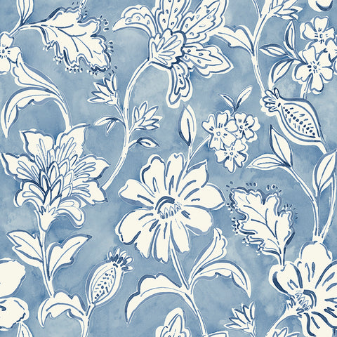 4071-71040 Plumeria Blue Floral Trail Wallpaper