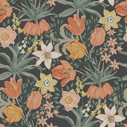 4143-34031 Cecilia Black Tulip and Daffodil Wallpaper