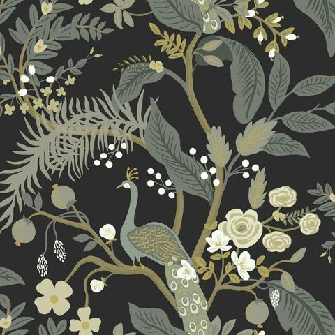 RI5170 Black gray olive bronze Tropical tree branches leaves flowers peacock Wallpaper