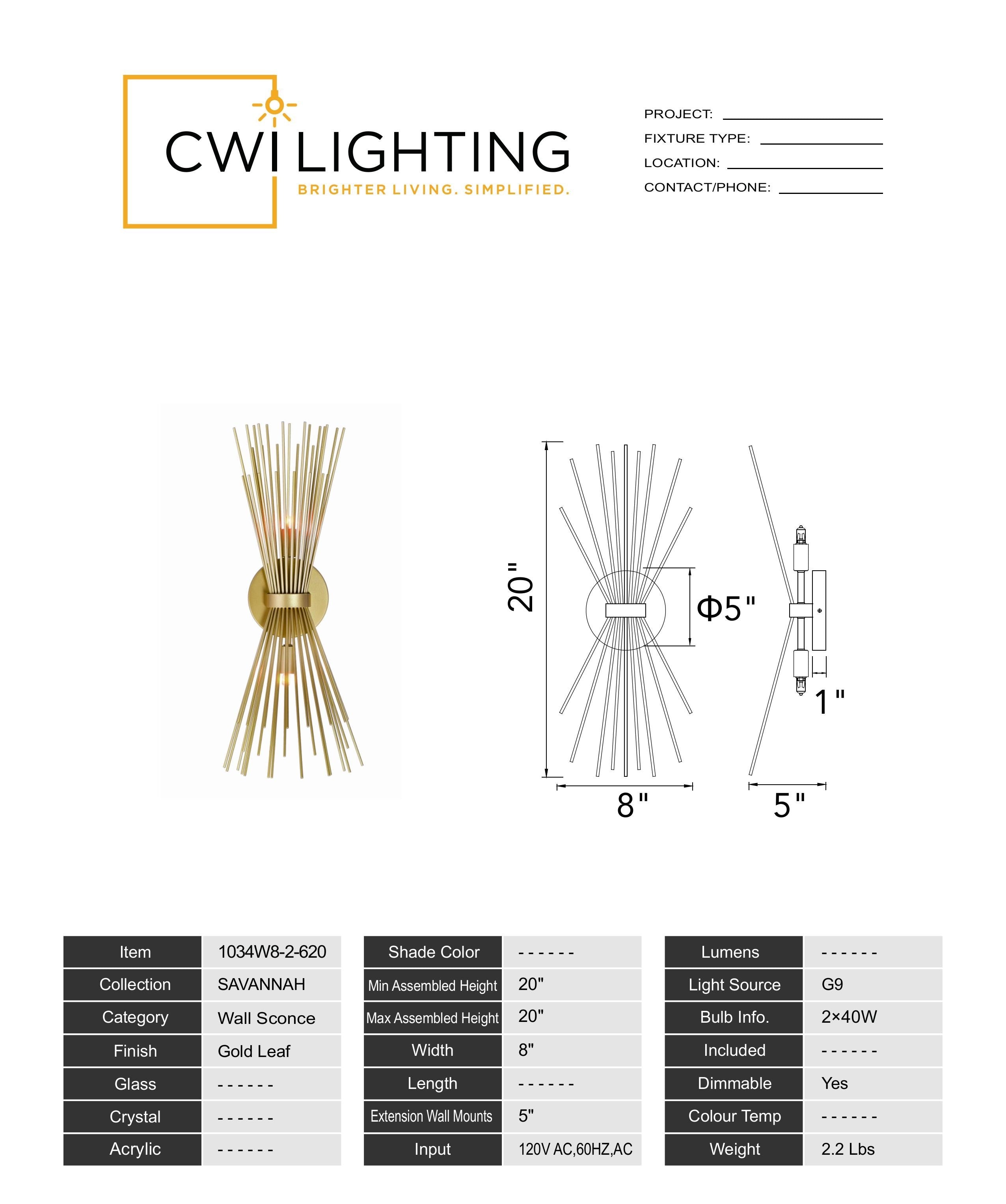 1034W8-2-620 Savannah 2 Light Wall Sconce With Gold Leaf Finish