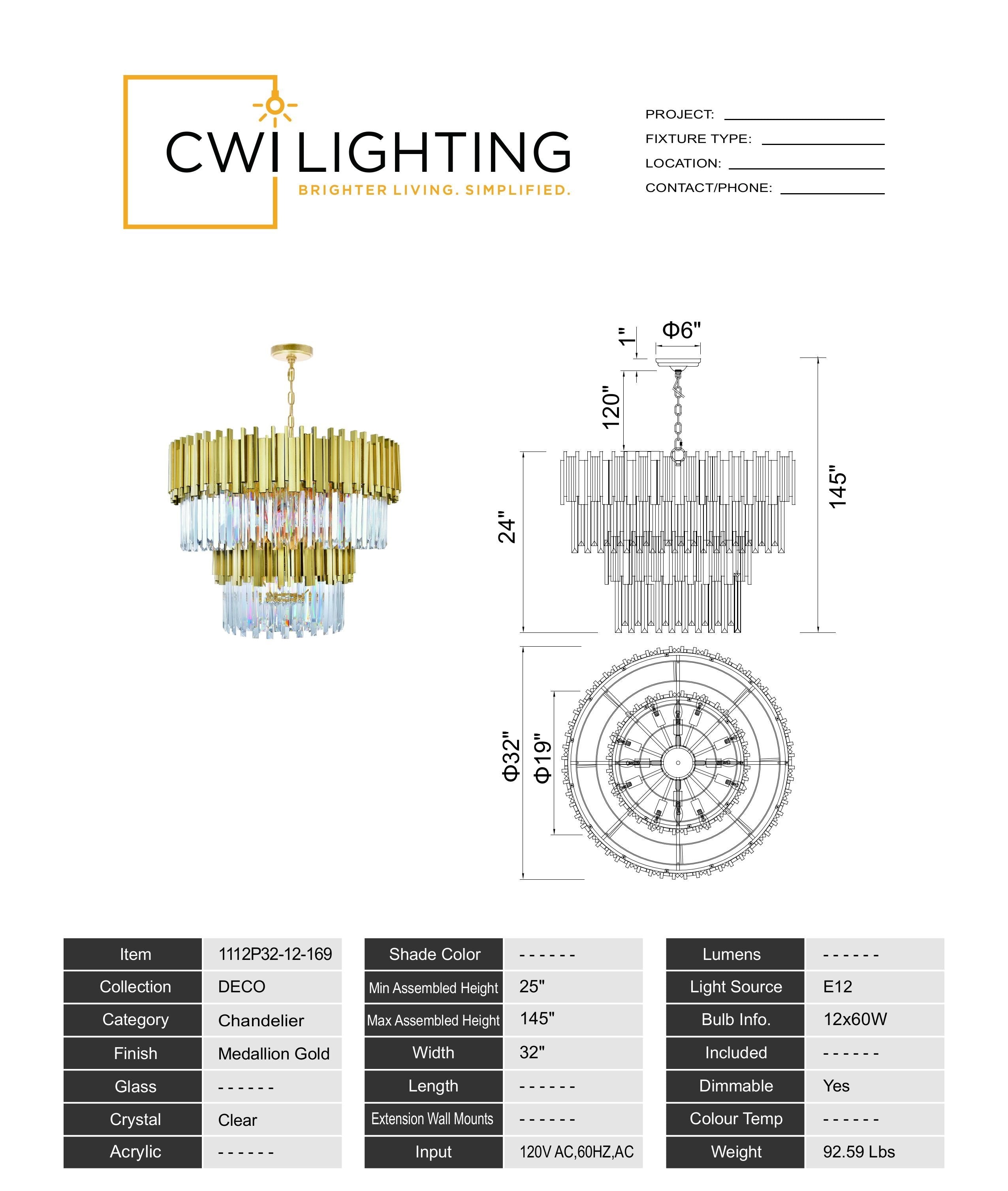 1112P32-12-169 Deco 12 Light Down Chandelier With Medallion Gold