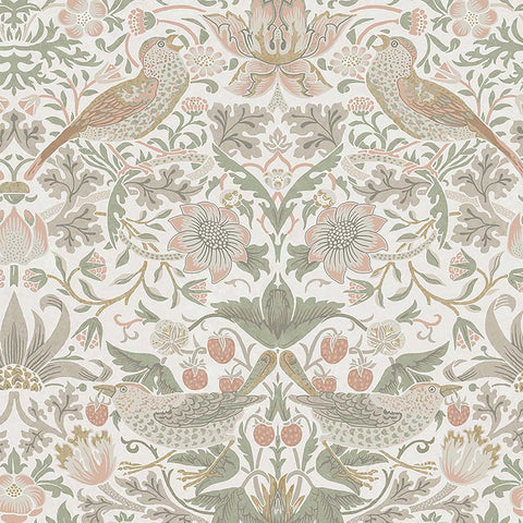 124233 William Morris Strawberry Thief Sage and Pink Wallpaper