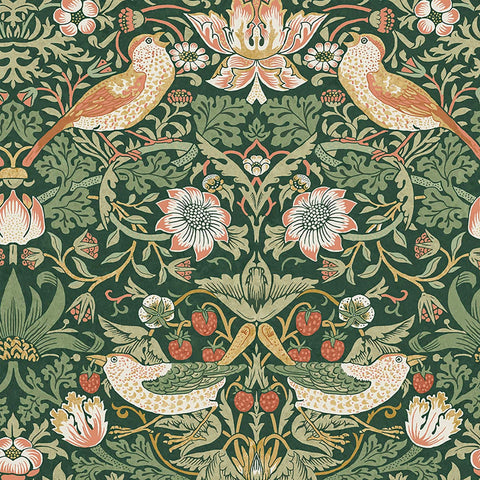 124234 William Morris Strawberry Thief Rich Green Wallpaper 