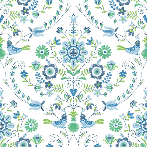 4066-26511 Britt Sapphire Embroidered Damask Wallpaper