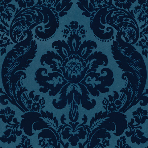 2763-87310 Shadow Blue Flocked Damask Wallpaper