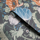 2948-33003 Large flowers blooms floral charcoal gray green blue orange peach Wallpaper roll