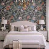 2948-33003 Large flowers blooms floral charcoal gray green blue orange peach Wallpaper roll
