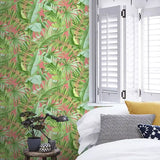 2969-26055 Alfresco leaves Palm Leaf Wallpaper pink green Jungle Tropical Floral 