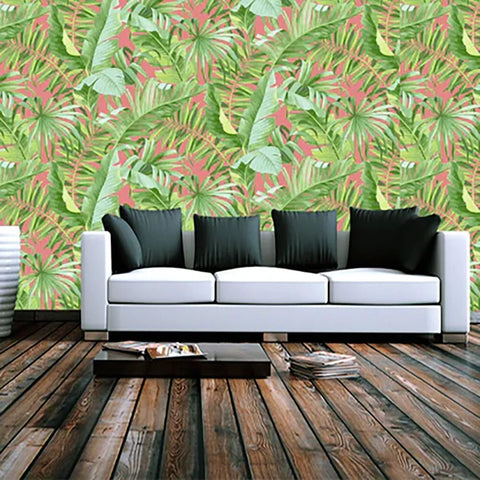 2969-26055 Alfresco leaves Palm Leaf Wallpaper pink green Jungle Tropical Floral 