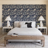 2969-87351 Cabarita Indigo Art Deco Flocked Leaves Wallpaper