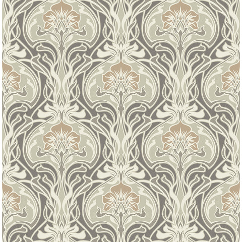  2970-26150 Mucha Dark Grey Botanical Ogee Wallpaper