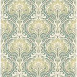 2970-26151 Mucha Teal Botanical Ogee Wallpaper