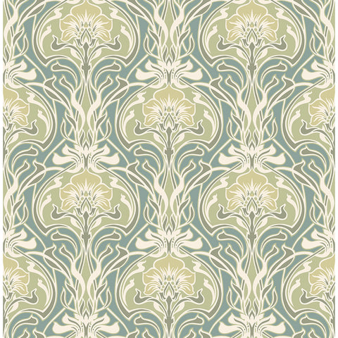 2970-26151 Mucha Teal Botanical Ogee Wallpaper