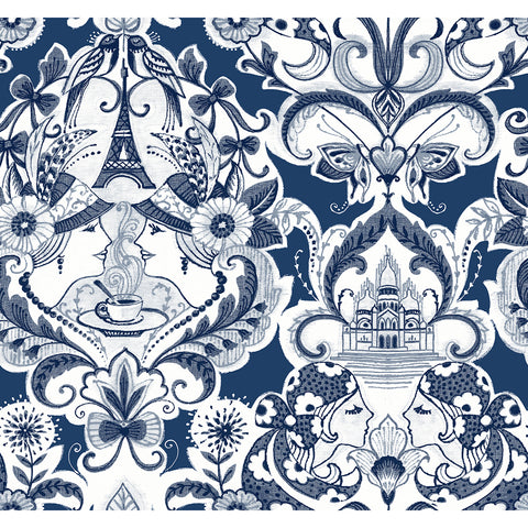 2973-90885 Sadie Navy Parisian Damask Wallpaper