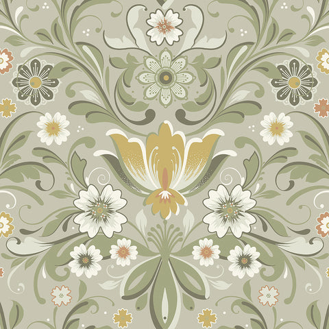 2999-24113 Ostanskar Green Retro Floral Wallpaper